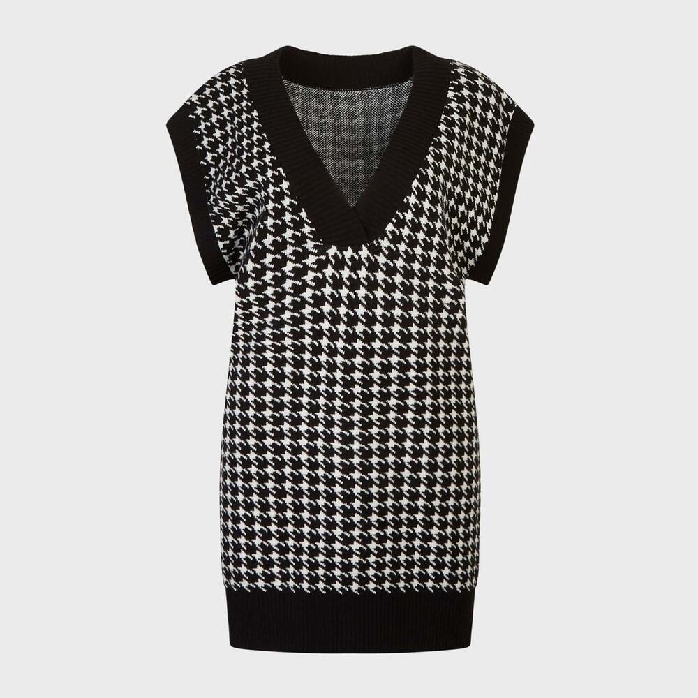 Anne Fontaine Stendhal Tunic Sweater Dress 2 Black White Houndstooth Wool Blend